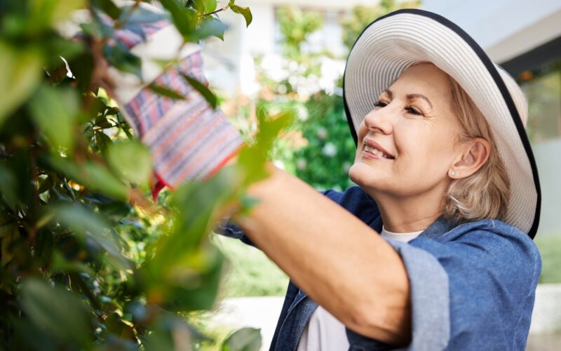 Smiling older woman wearing a wide-brimmed hat and gardening gloves while trimming green plants, representing vitality, energy, and healthy aging supported by NAD+ therapy.