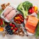 Wegovy diet food. Healthy low carbs products. Keto diet concept. Vegetables, fish, meat, nuts, seeds, berries, cheese on a white background, top view.