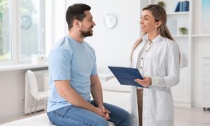 Male patient talking with a female doctor holding a clipboard during a consultation, representing medical guidance on vitamin B12 injections and their role in weight management.