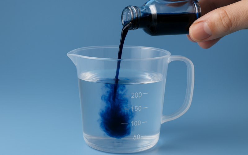 Close-up of a dark blue liquid being poured from a small glass bottle into a measuring cup containing 200 mL of clear water, illustrating how to properly dilute methylene blue for safe oral use.