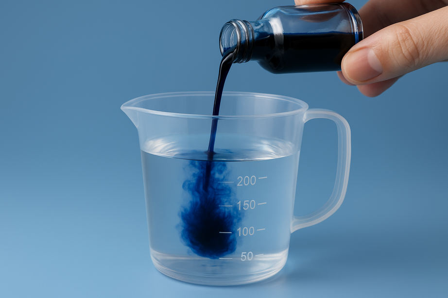 Close-up of a dark blue liquid being poured from a small glass bottle into a measuring cup containing 200 mL of clear water, illustrating how to properly dilute methylene blue for safe oral use.