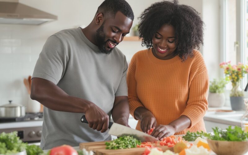 Black couple cooking healthy meal in kitchen to build their intimacy due to ozempic affecting their libido.
