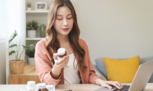 A woman at home reviewing medication bottles while using a laptop, representing research into Wegovy alternatives and weight-loss treatment options