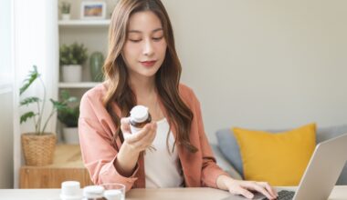 A woman at home reviewing medication bottles while using a laptop, representing research into Wegovy alternatives and weight-loss treatment options