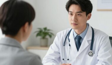 A doctor speaking with a patient during a medical consultation, discussing GLP-1 medication dosing, titration schedules, and treatment safety.