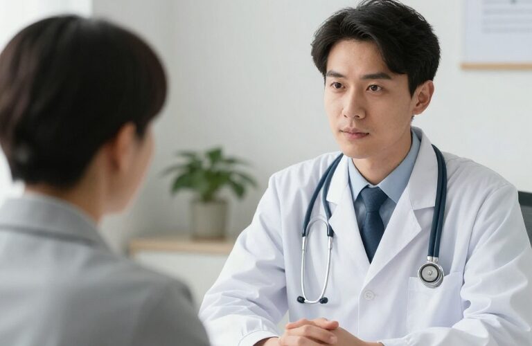 A doctor speaking with a patient during a medical consultation, discussing GLP-1 medication dosing, titration schedules, and treatment safety.