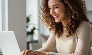 Woman using a laptop at home, representing researching Ozempic cost without insurance and options to lower out-of-pocket expenses.
