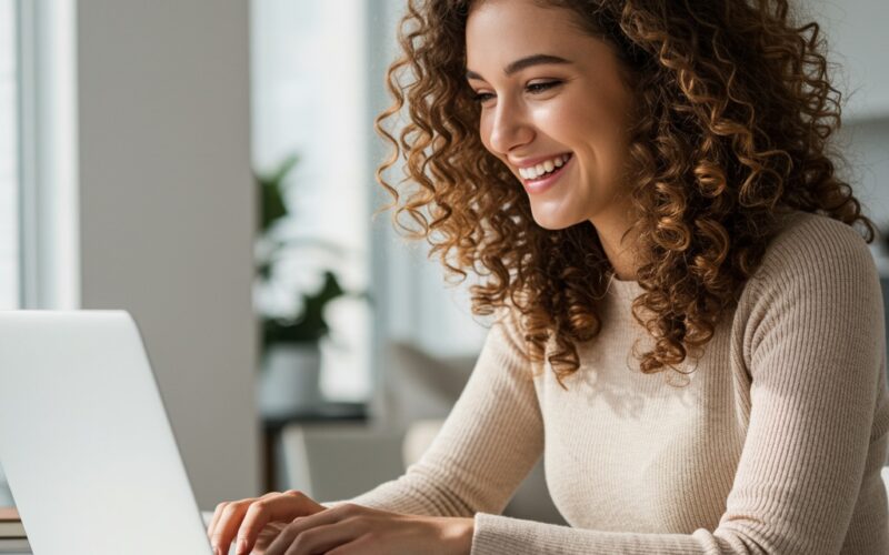 Woman using a laptop at home, representing researching Ozempic cost without insurance and options to lower out-of-pocket expenses.
