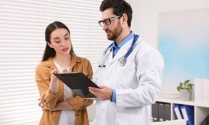 A doctor holding a clipboard explains a medication dosing plan to a woman in a clinical office, both reviewing information together.