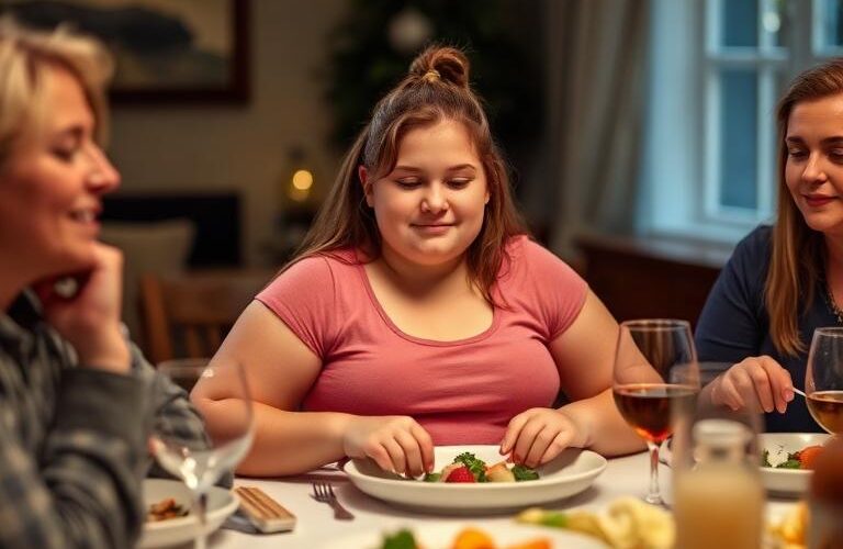Teenager eating a balanced meal with family at the dinner table, representing healthy eating habits, family support, and safe weight management for adolescents.