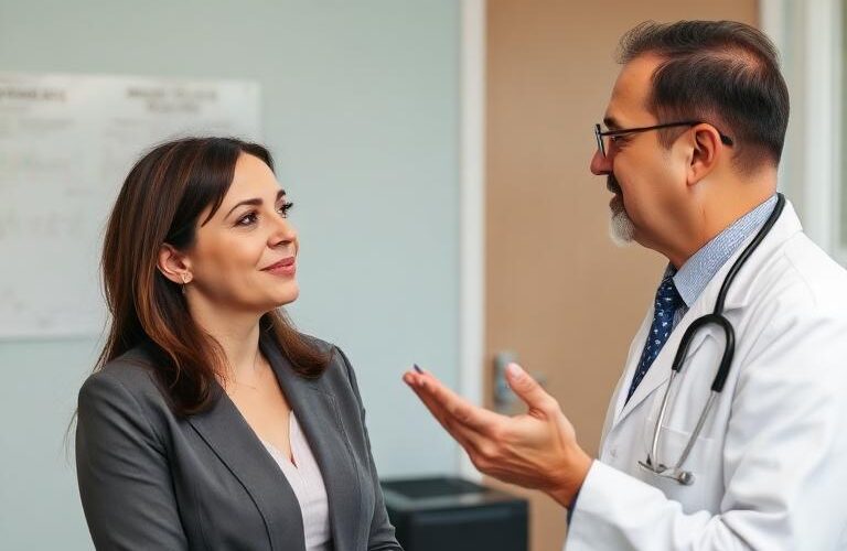 Patient having a supportive consultation with a healthcare provider, representing discussions about weight loss medications, GLP-1 therapies, tirzepatide, and emerging treatments like retatrutide.