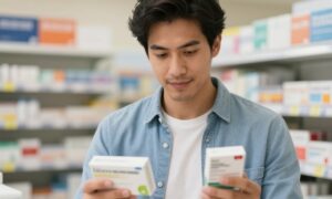 A man standing in a pharmacy comparing prescription weight loss medications, reviewing options and costs while considering alternatives to Zepbound.
