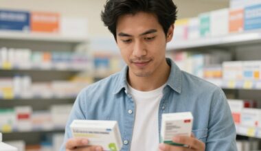 A man standing in a pharmacy comparing prescription weight loss medications, reviewing options and costs while considering alternatives to Zepbound.