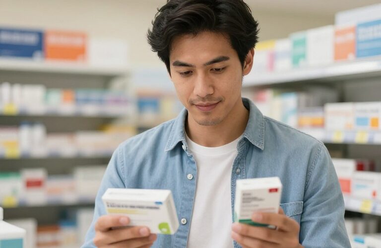 A man standing in a pharmacy comparing prescription weight loss medications, reviewing options and costs while considering alternatives to Zepbound.