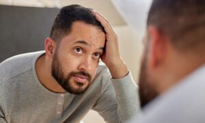 Man looking at his reflection. Worried about hair loss or thinning