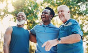 A group of men happy with their results after using enclomiphene medication.